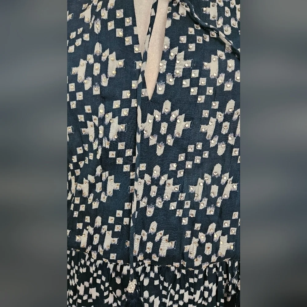 RubyYaya Beaded Boho Maxi Dress Blue White Geometric Print Size M - Picture 6 of 16